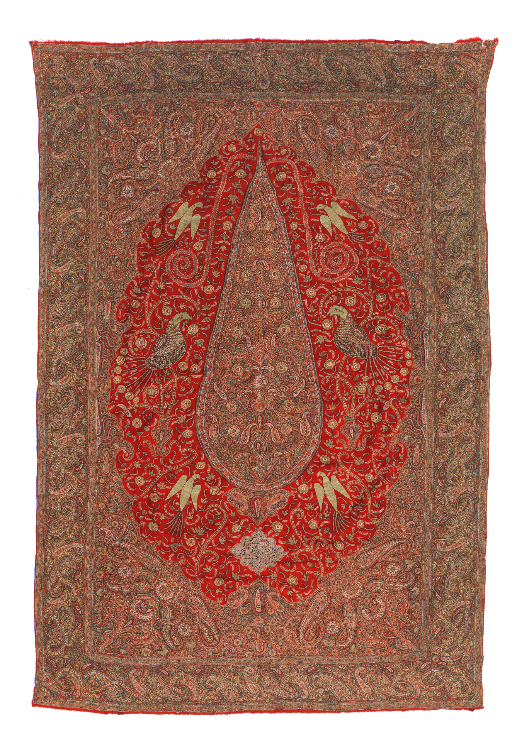 3 Curtain, Kerman, late 19th century. Red wool in twill weave embroidered with coloured silks in pateh-duzi technique with a design of a cypress tree among birds