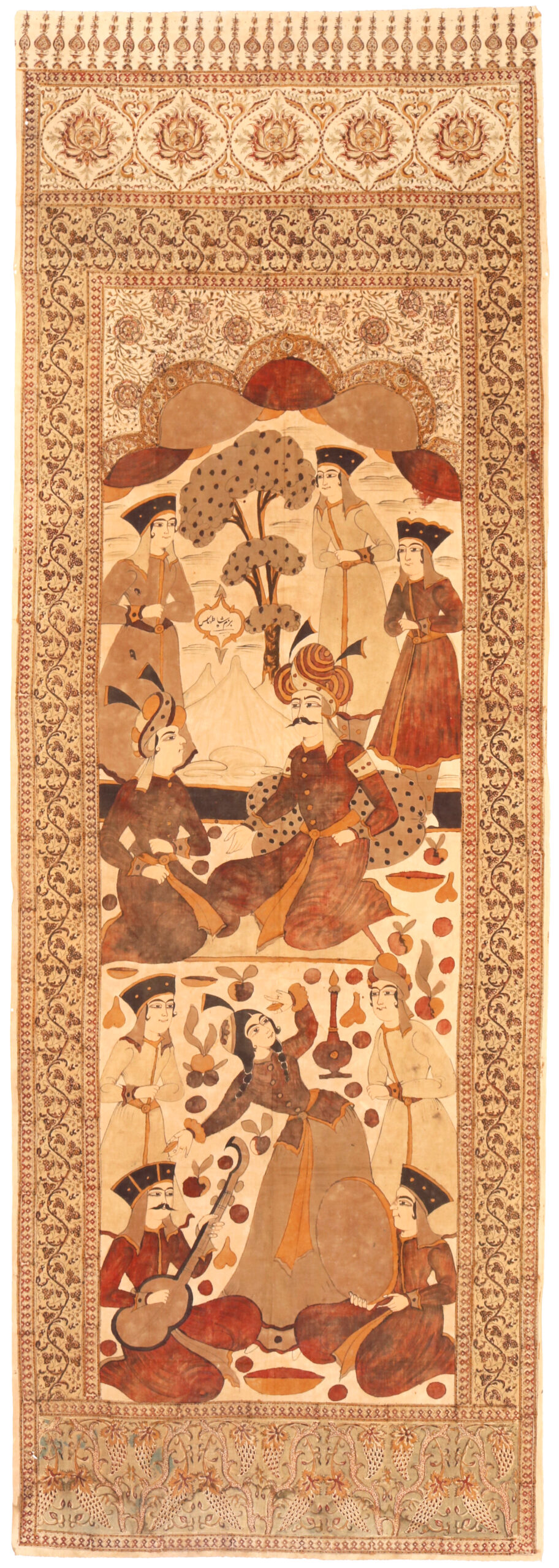 2 Qalamkar hanging, Esfahan, late 19th century. Cotton block-printed and painted with a scene of Shah Tahmasp I receiving the Mughal Emperor Humayun in 1540