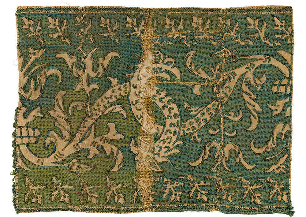 (5) Fragment of a runner, probably Naxos, Cyclades, or Italy, possibly 18th century. Silk on linen, 25 x 34 cm (10" x 1' 1"). Ashmolean Museum of Art and Archaeology, University of Oxford, EA1960.154, Bequeathed by Lady Myres, 1960