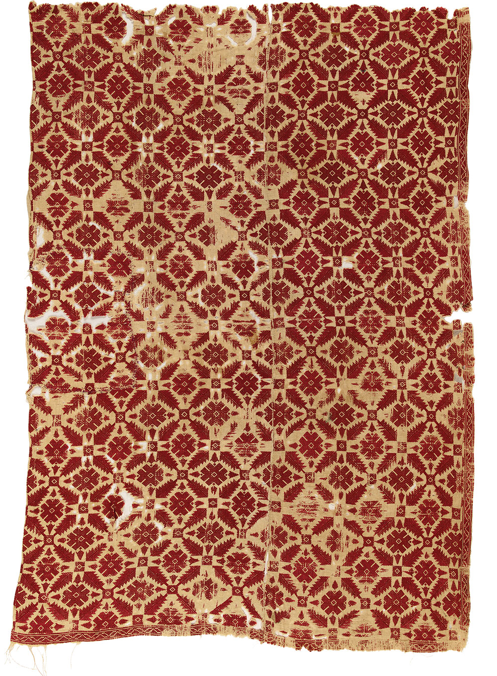 (8) Section of a bedspread, Naxos, Cyclades, 18th century. Silk on linen, 0.82 x 1.20 m (2' 8" x 3' 11"). Ashmolean Museum of Art and Archaeology, University of Oxford, EA1978.113, Presented by John Buxton, 1978
