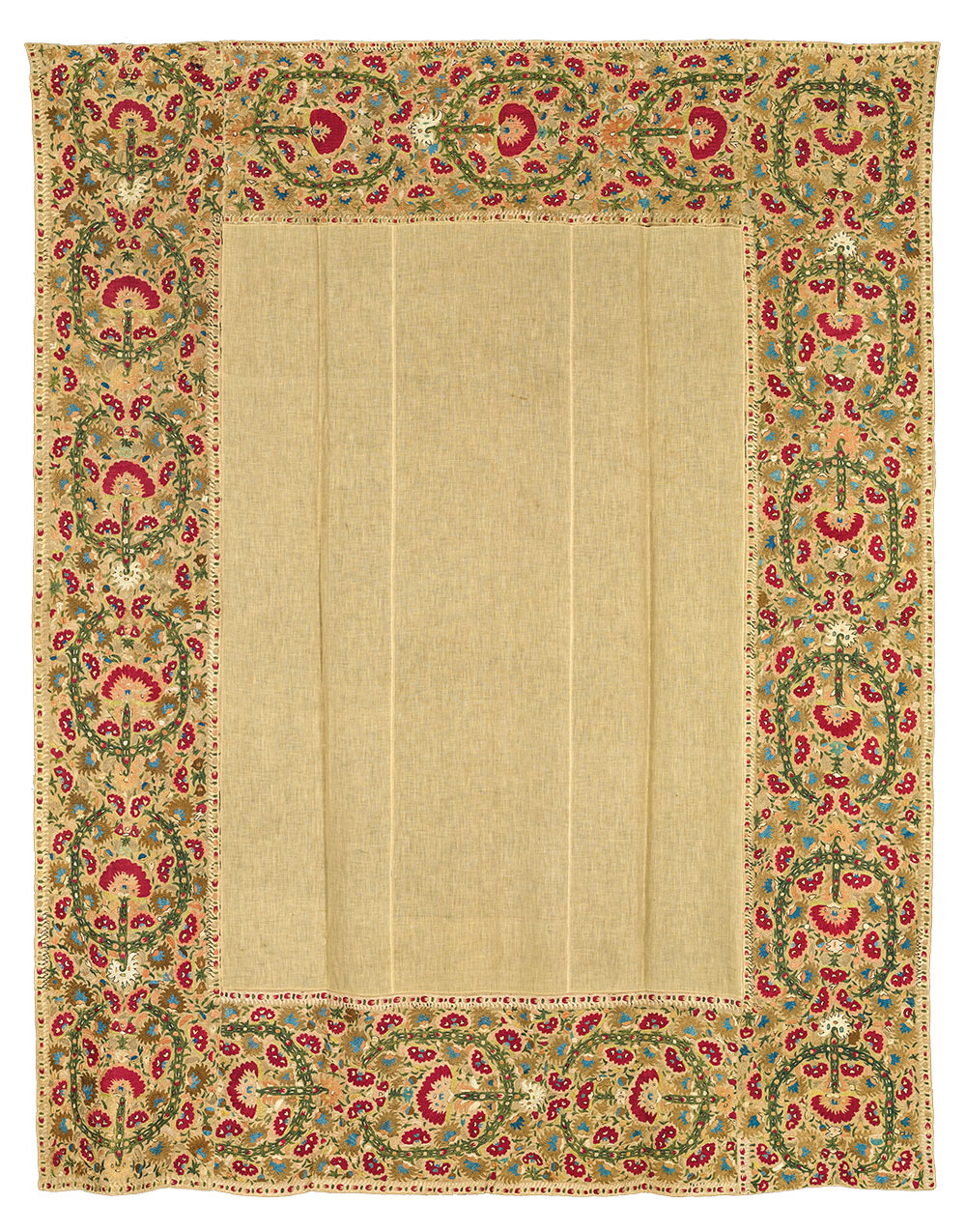 (6) Bedspread, probably Ioannina, Epirus, 18th century. Silk on linen, 1.82 x 2.18 m (5' 11" x 7' 2"). Ashmolean Museum of Art and Archaeology, University of Oxford, EA1989.211, Presented by John Buxton, 1989